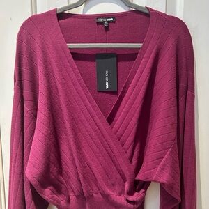 Fashion Nova Ribbed Wrap V-Neck Sweater in Magenta